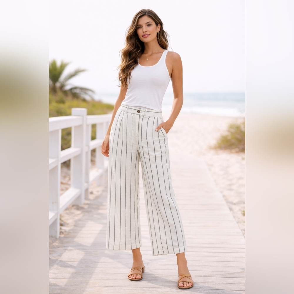 Joie 100% Linen Stripe Wide Leg Pants Ivory Black Stripe Size 6 - Picture 1 of 5